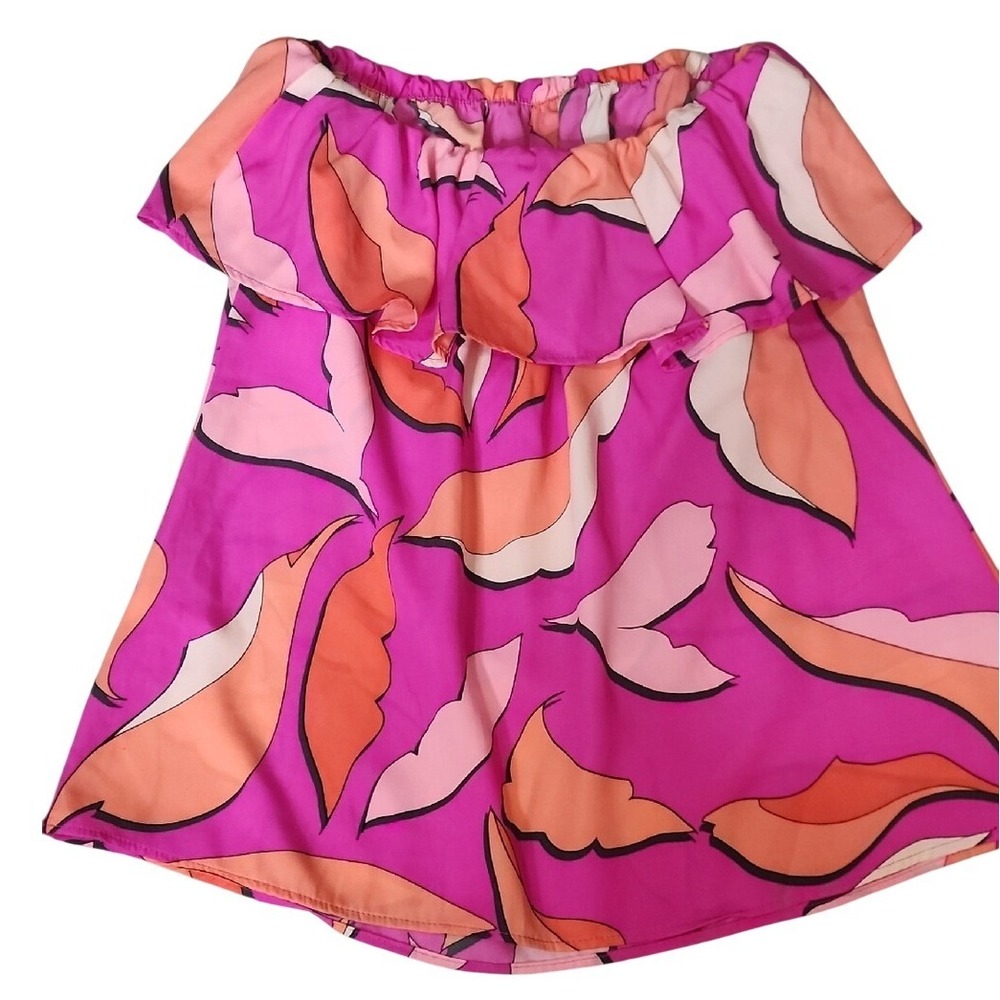 Tyche Pink Orange Strapless Tropical Print Top Ruffle Boho Resort Vacation USA S